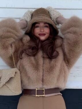 Faux Fox Bomber Jacket in Bisque